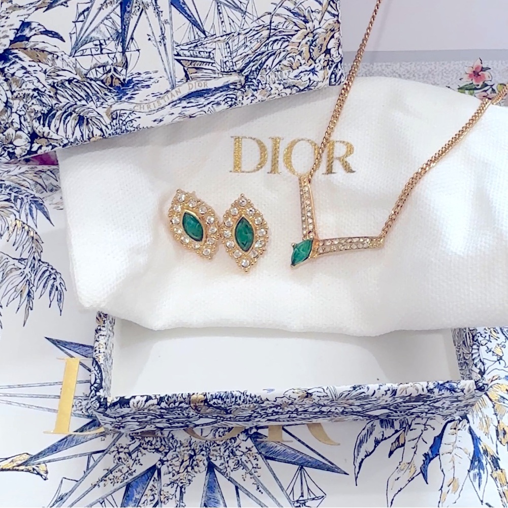 Dior Gold-Plated Earrings for Pierced Ears and Necklace Set